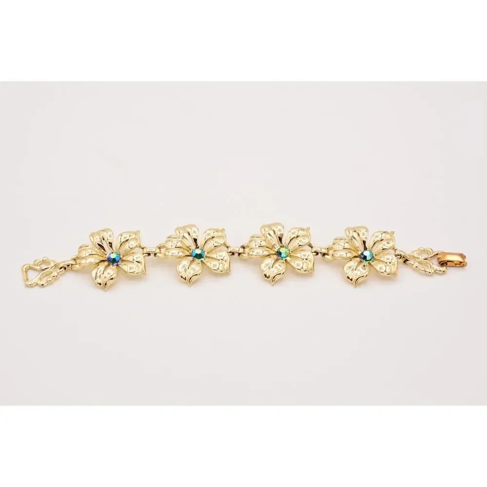 Vintage Crystal Flower Bracelet AB Blue Gold Tone Linked Chunky 1980s BinD